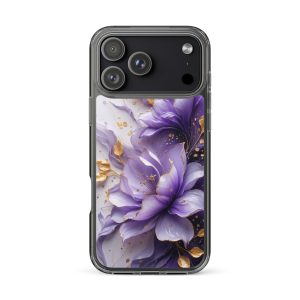 Royal Violet Bloom Clear Case for iPhone 17 Pro Max - Luxury Purple & Gold Floral Protective Cover