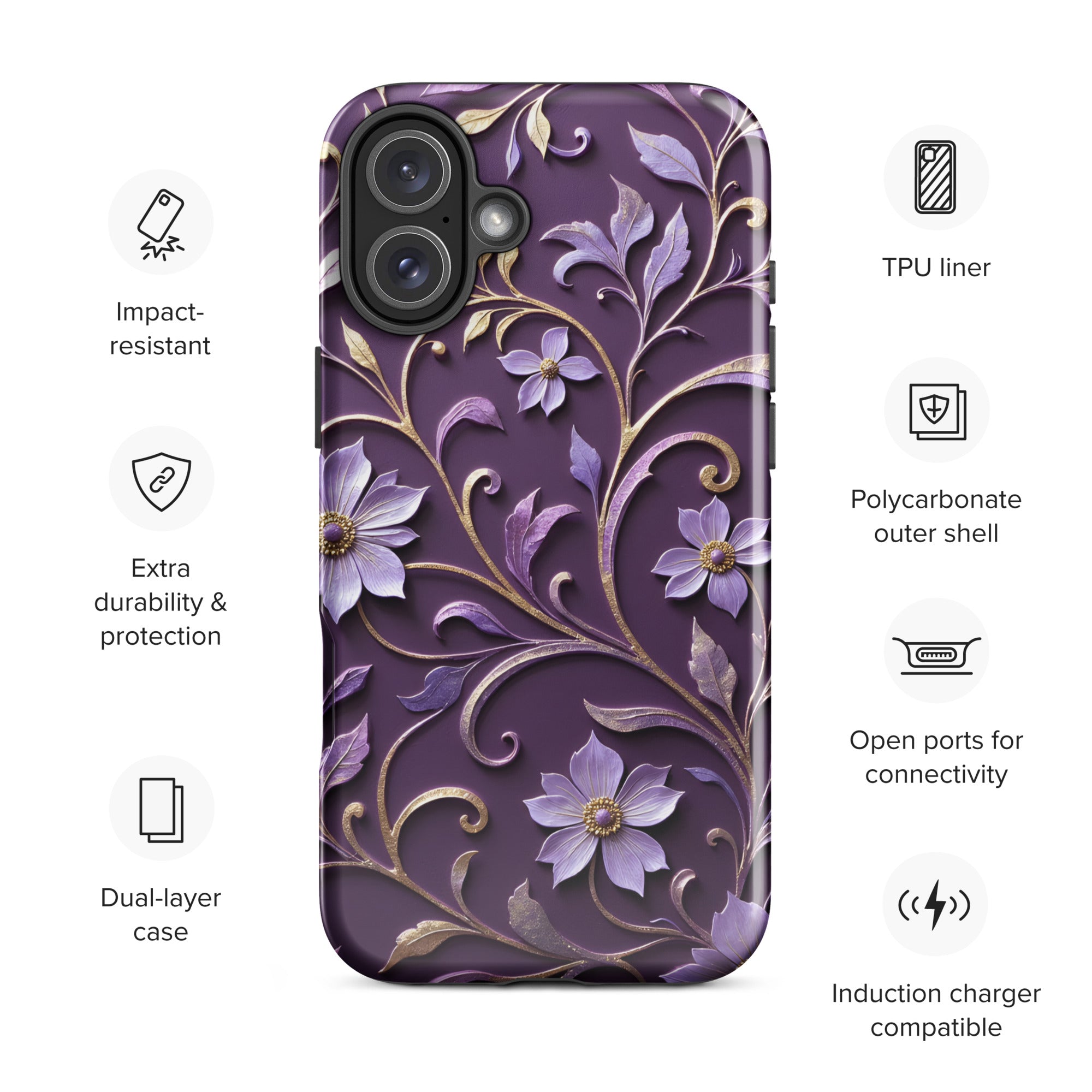Royal Violet Filigree Tough Case for iPhone 16 Plus ?C Dual Layer Protective Phone Case (Glossy or Matte) - Image 3